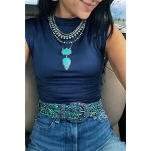 Vintage Y2K Genuine Leather Braided Belt | Boho | Blue Teal Moss Studded Buckle